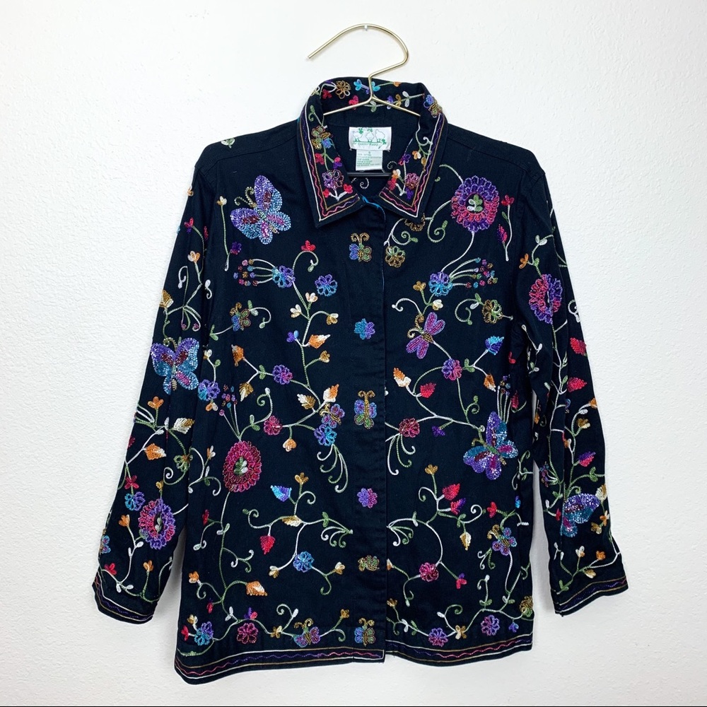 The Quacker Factory Embroidery Beaded Button Down